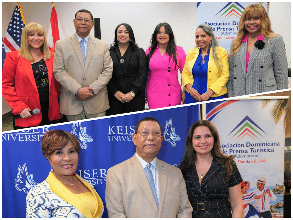 En la primera foto, parte de los miembros de la directiva, Gheidy de la Cruz, Pedro Díaz Ballester, Yaniris Felipe, Rose Mary Santana y atty Frias junto a Sarah Hernández. En la segunda imagen: Josefa Castillo, cónsul dominicana en Miami; Pedro Díaz Ballester y Souraya Faas.