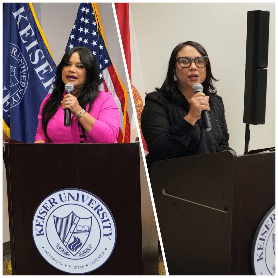 De izquierda a derecha: Sarah Hernández, presidenta de Adompretur y Yaniris Felipe, secretaria general filial Adompretur Miami.